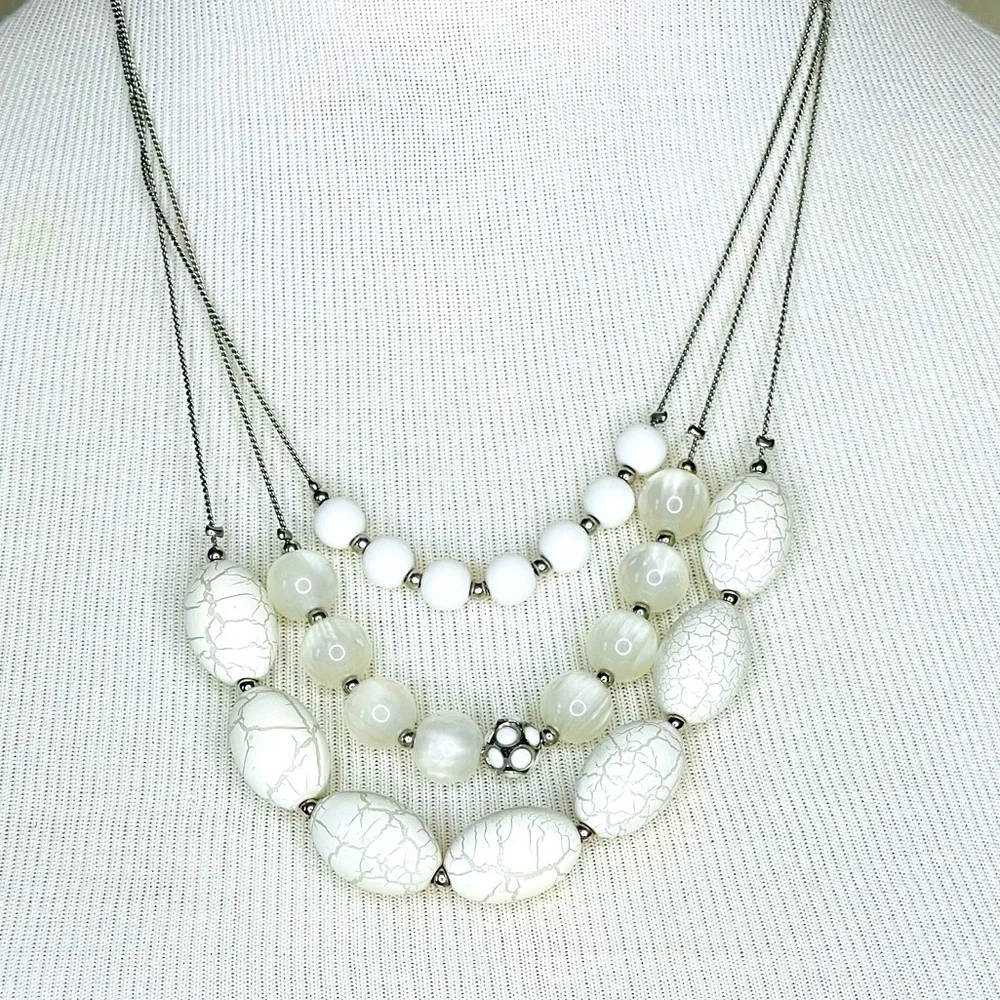 NY Collection White Beaded‎ Triple Strand Necklace